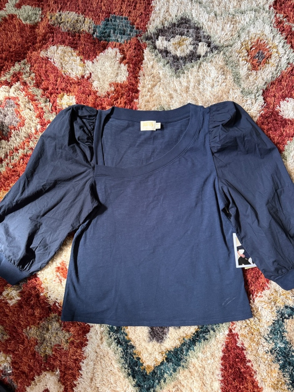 Anthropology Nation LTD Navy Puff-Sleeve asymmetrical Neck Top